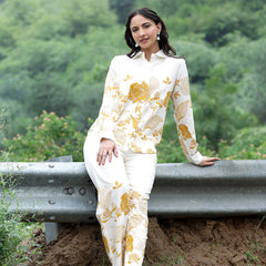 Women Beige Cotton Floral Printed Shirt & Wide Leg Trouser Co-Ord Set | Casual Botanical Print Co-Ord