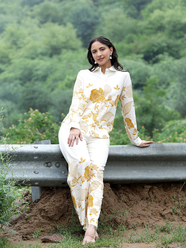 Women Beige Cotton Floral Printed Shirt & Wide Leg Trouser Co-Ord Set | Casual Botanical Print Co-Ord