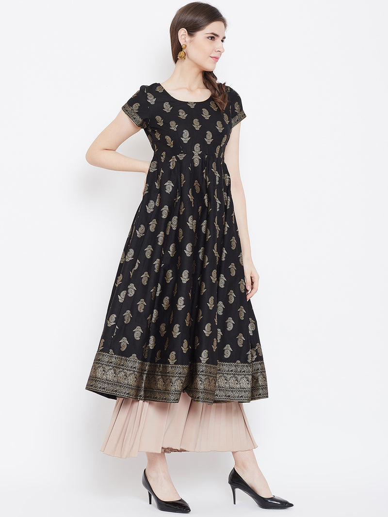 Poshak Hub Women Black Cotton Golden Printed Anarkali Kurta.
