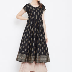 Poshak Hub Women Black Cotton Golden Printed Anarkali Kurta.