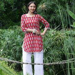 Women Red Ethnic Printed Three-Quarter Sleeve Straight Tunic