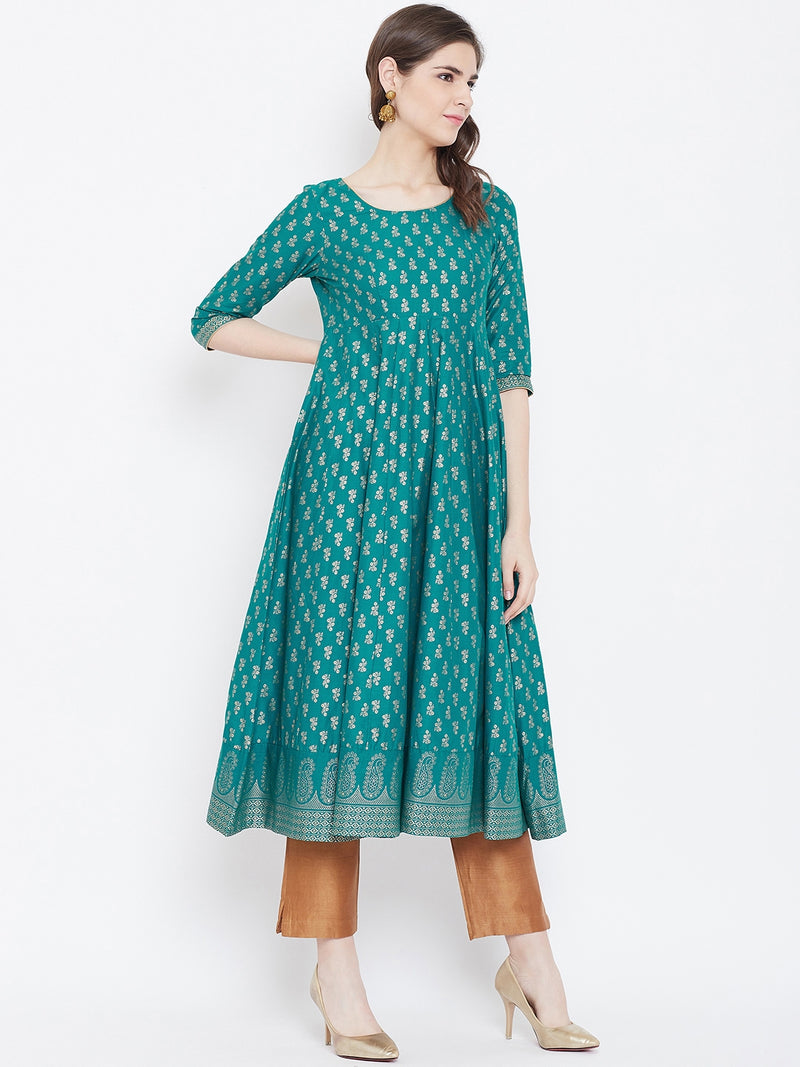 Poshak Hub Women Turquoise Cotton Golden Printed Anarkali Kurta.