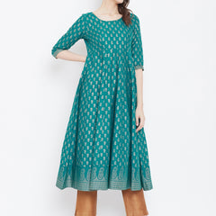 Poshak Hub Women Turquoise Cotton Golden Printed Anarkali Kurta.