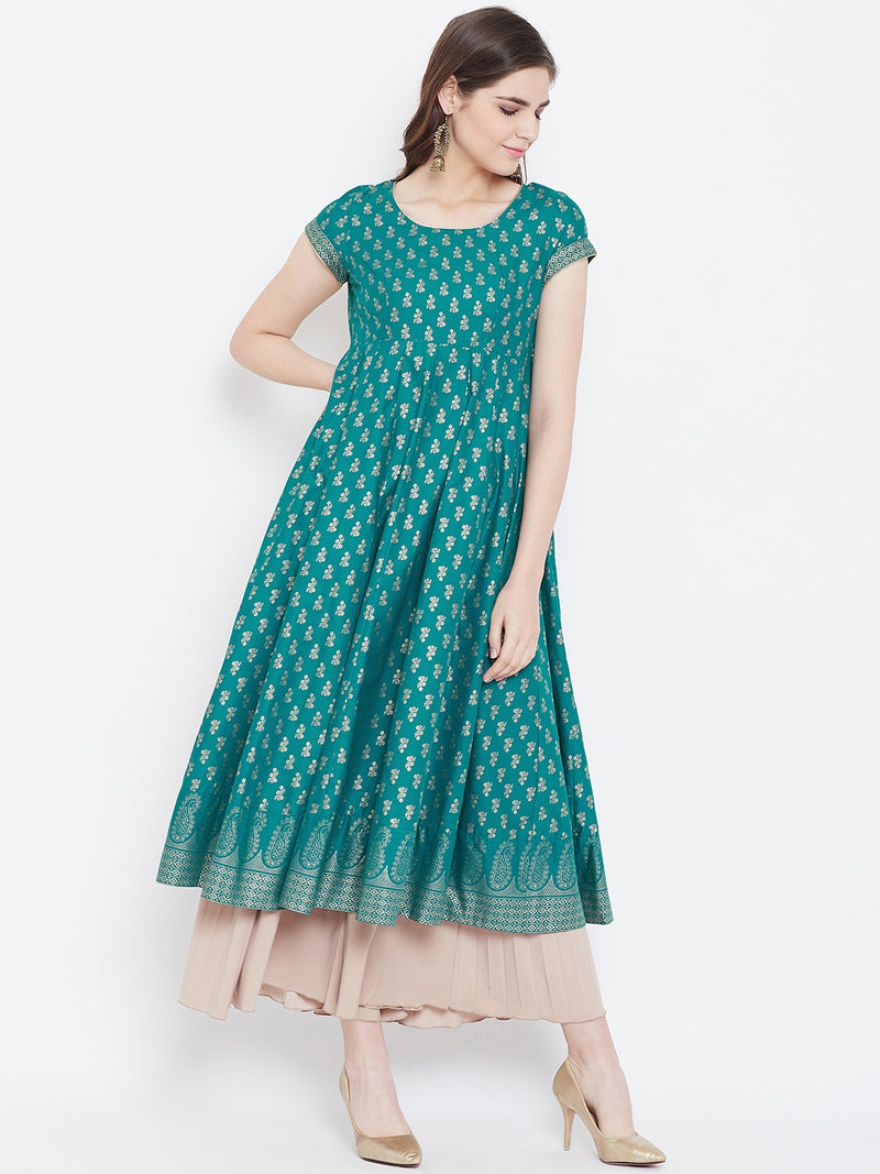 Poshak Hub Women Turquoise Cotton Golden Printed Anarkali Kurta.
