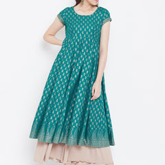 Poshak Hub Women Turquoise Cotton Golden Printed Anarkali Kurta.