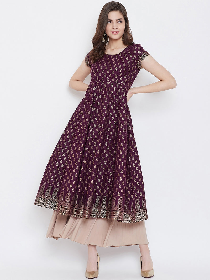 Poshak Hub Women Purple Cotton Golden Printed Anarkali Kurta.