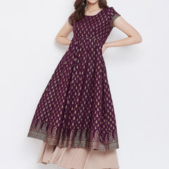Poshak Hub Women Purple Cotton Golden Printed Anarkali Kurta.