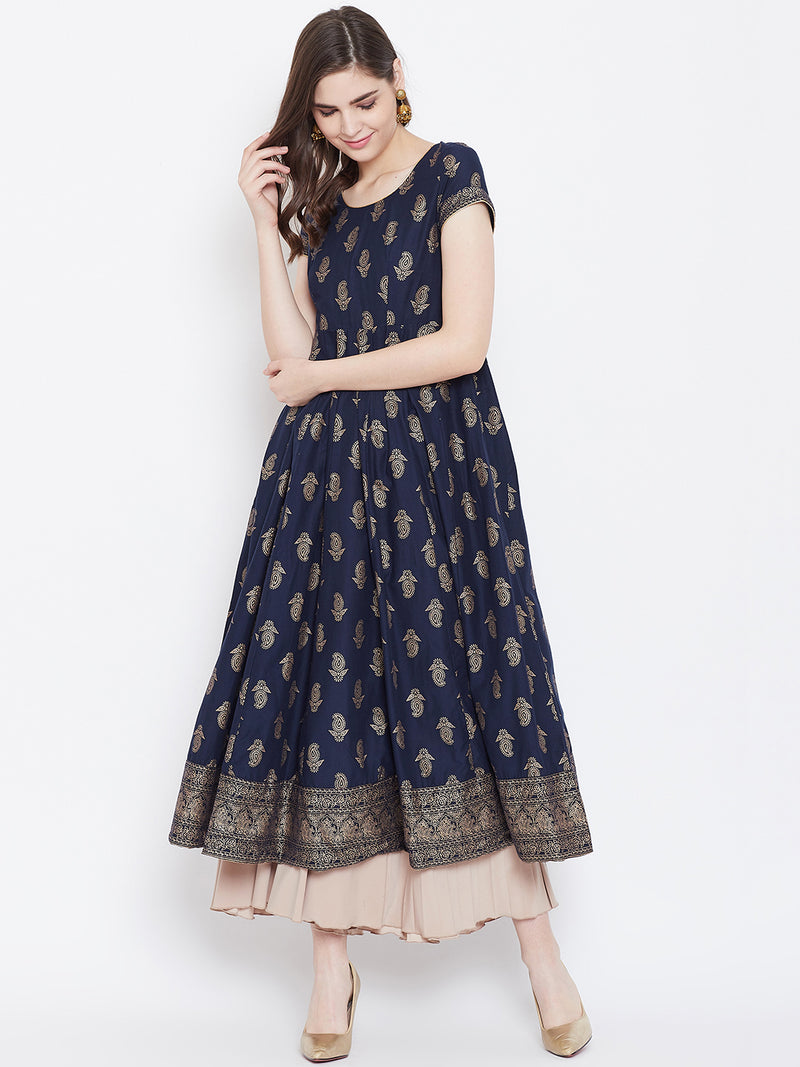 Poshak Hub Women Blue Cotton Golden Printed Anarkali Kurta.