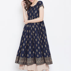 Poshak Hub Women Blue Cotton Golden Printed Anarkali Kurta.