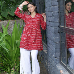 Women Red Ethnic Printed V-Neck Flared Tunic