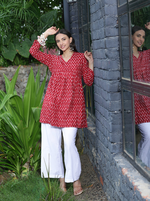 Women Red Ethnic Printed V-Neck Flared Tunic