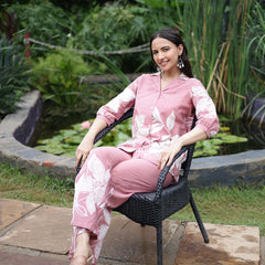 Women Pink Floral Printed Cotton Shirt & Wide Leg Trouser Co-Ord Set
