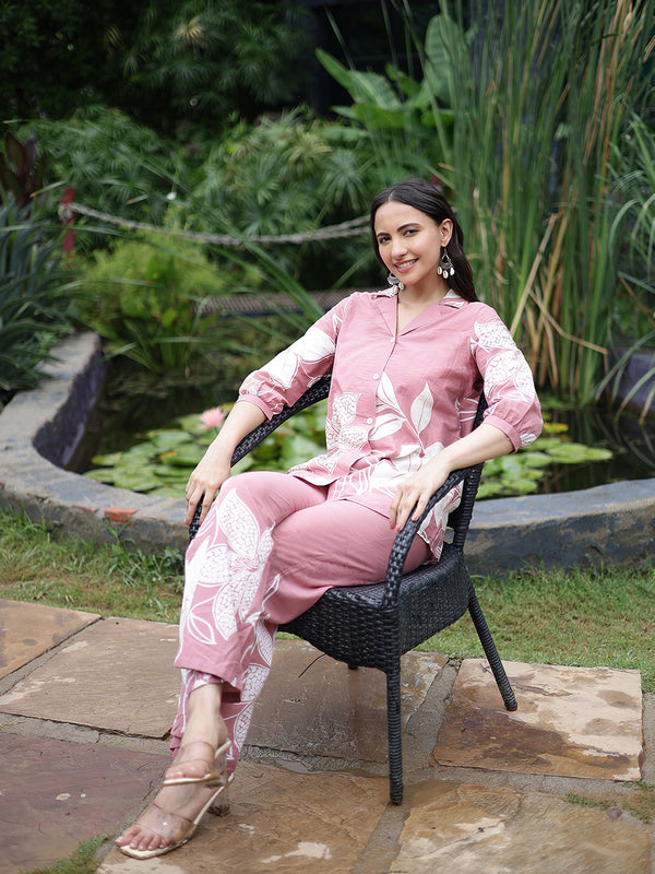 Women Pink Floral Printed Cotton Shirt & Wide Leg Trouser Co-Ord Set