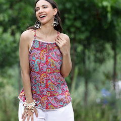 Women Pink Paisley Printed Sleeveless Shoulder Strap Tunic