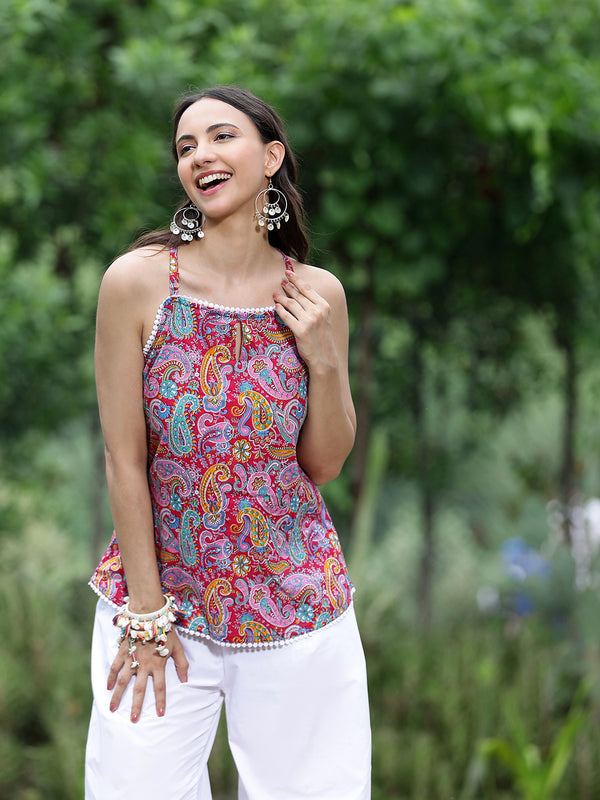 Women Pink Paisley Printed Sleeveless Shoulder Strap Tunic