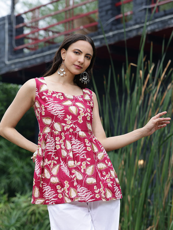 Women Pink Floral Printed Sleeveless Peplum Tunic