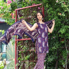 Women Navy Blue & Maroon Ethnic Motifs Printed Straight Kurta with Palazzo & Dupatta (Set of 3)