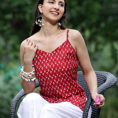 Women Red Ethnic Printed Sleeveless Tunic