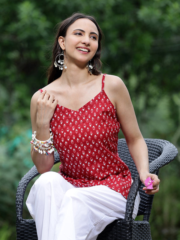 Women Red Ethnic Printed Sleeveless Tunic