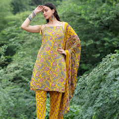 Women Mustard Yellow Floral Printed Straight Kurta with Printed Trousers & Dupatta (Set of 3)