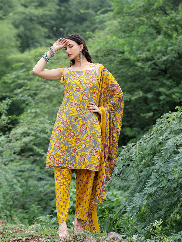 Women Mustard Yellow Floral Printed Straight Kurta with Printed Trousers & Dupatta (Set of 3)