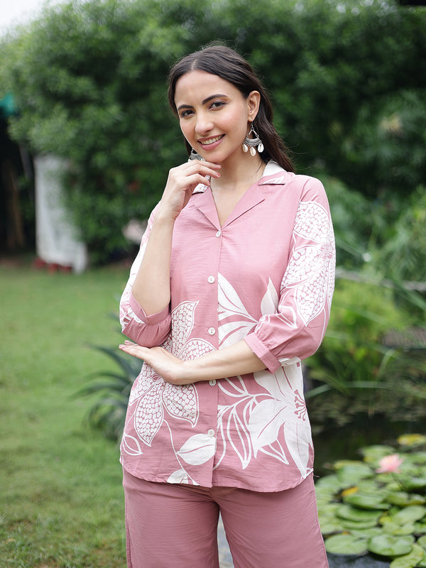 Women Pink Floral Printed Cotton Shirt & Wide Leg Trouser Co-Ord Set