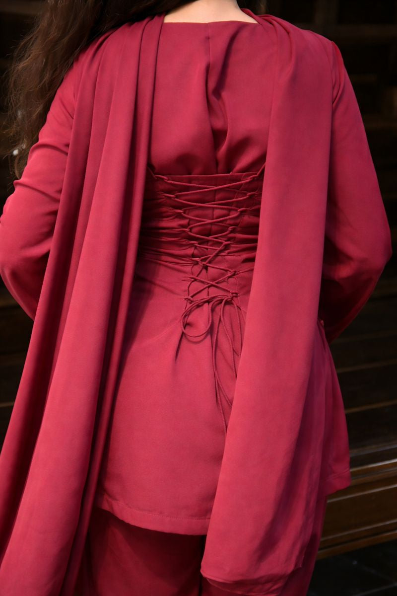 Maroon Kurta with Flared Palazzo Set with Golden Embellished Neckline