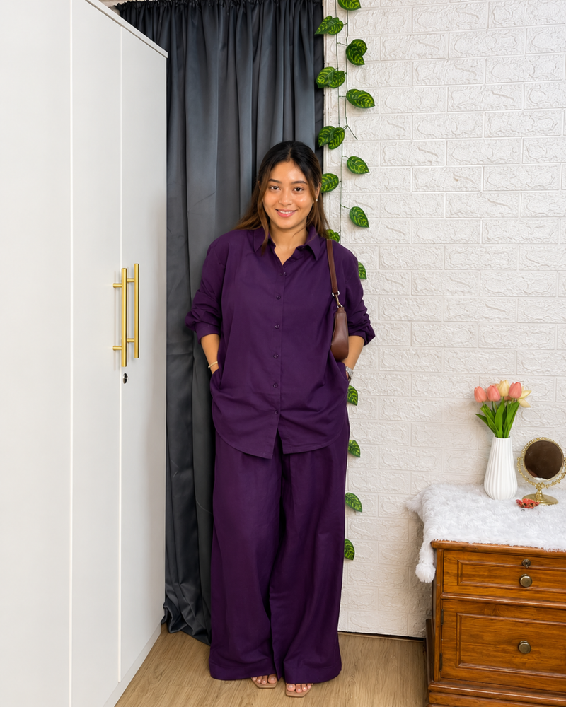 Premium Cotton Co-Ord Set for Women | Relaxed Fit Shirt & Wide Leg Pants