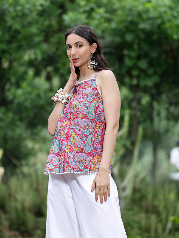 Women Pink Paisley Printed Sleeveless Shoulder Strap Tunic