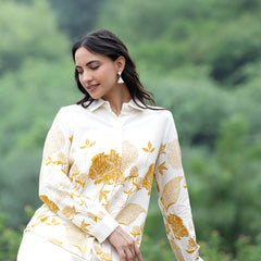 Women Beige Cotton Floral Printed Shirt & Wide Leg Trouser Co-Ord Set | Casual Botanical Print Co-Ord
