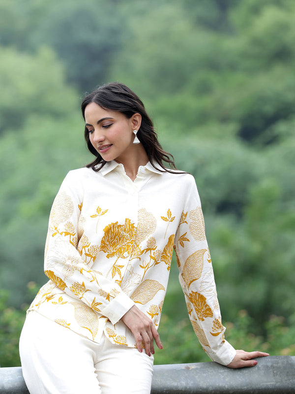 Women Beige Cotton Floral Printed Shirt & Wide Leg Trouser Co-Ord Set | Casual Botanical Print Co-Ord