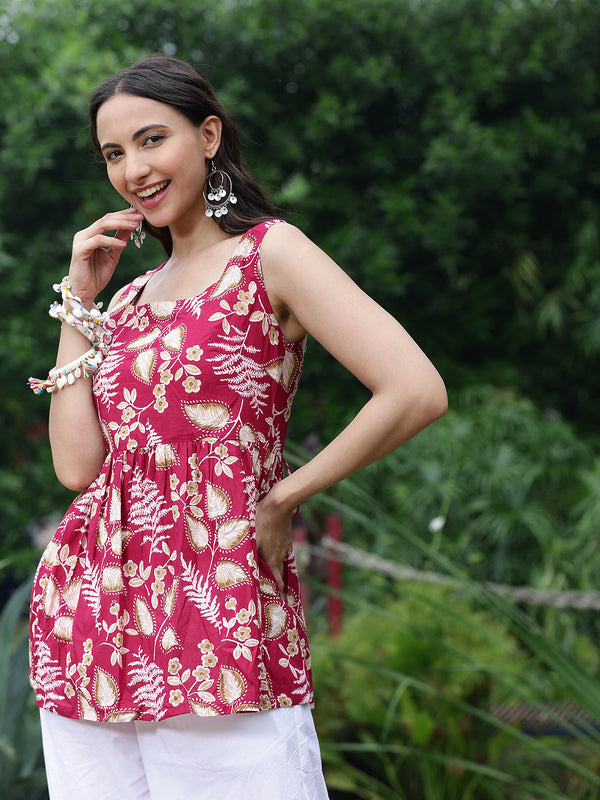 Women Pink Floral Printed Sleeveless Peplum Tunic