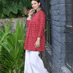 Women Red Ethnic Printed V-Neck Flared Tunic