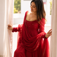 Ruby Red Embellished Anarkali Suit Set for Women