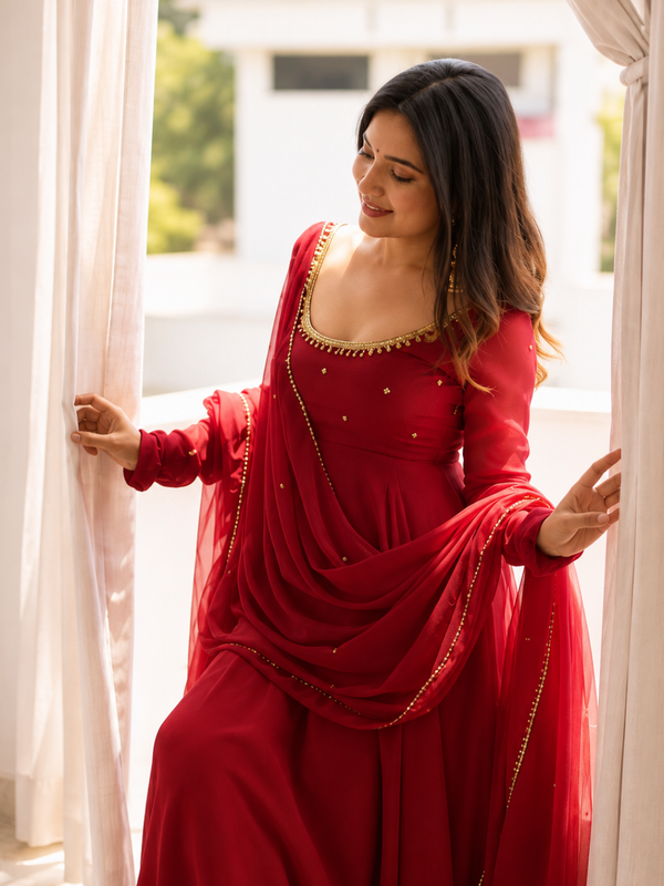 Ruby Red Embellished Anarkali Suit Set for Women
