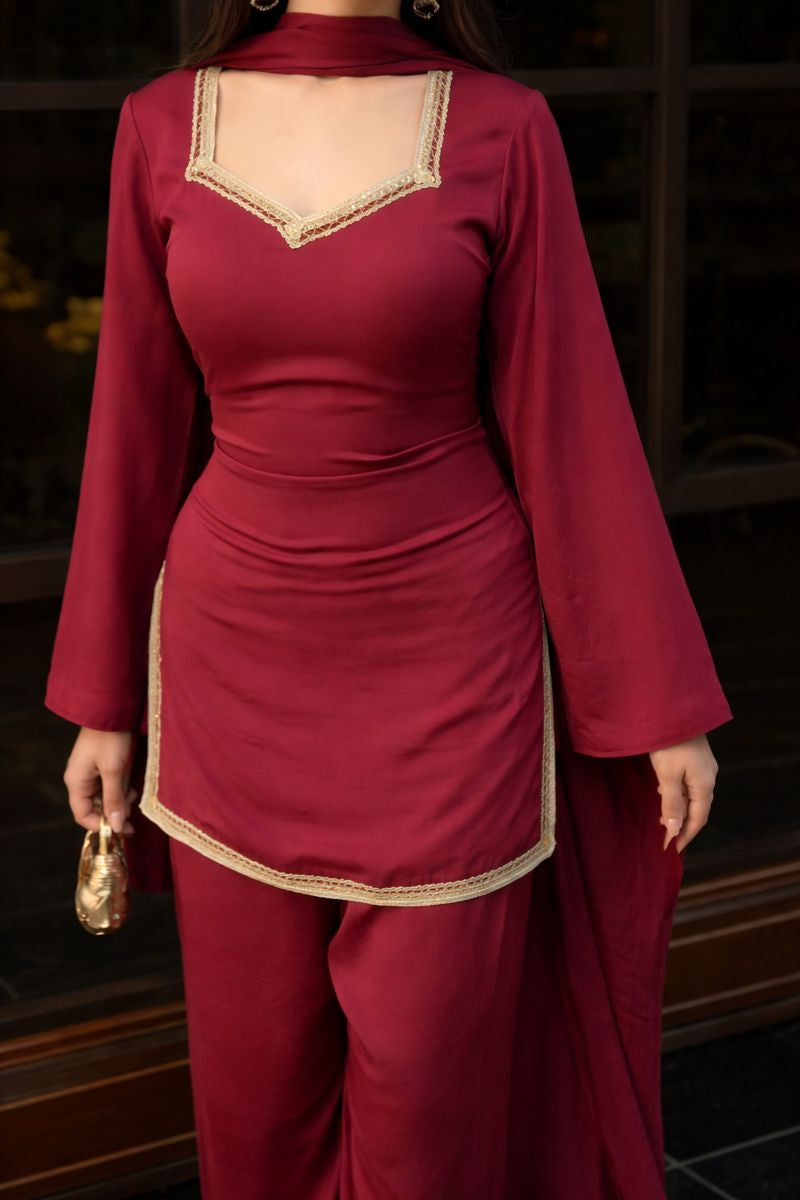 Maroon Kurta with Flared Palazzo Set with Golden Embellished Neckline