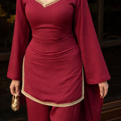 Maroon Kurta with Flared Palazzo Set with Golden Embellished Neckline