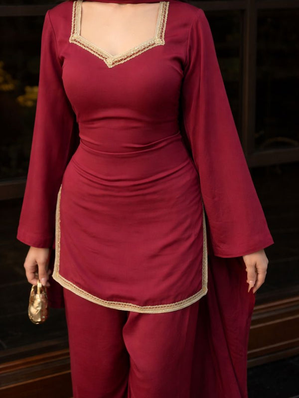 Maroon Kurta with Flared Palazzo Set with Golden Embellished Neckline