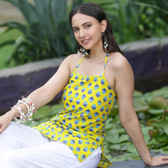 Women Yellow Ethnic Printed Halter Neck Tunic