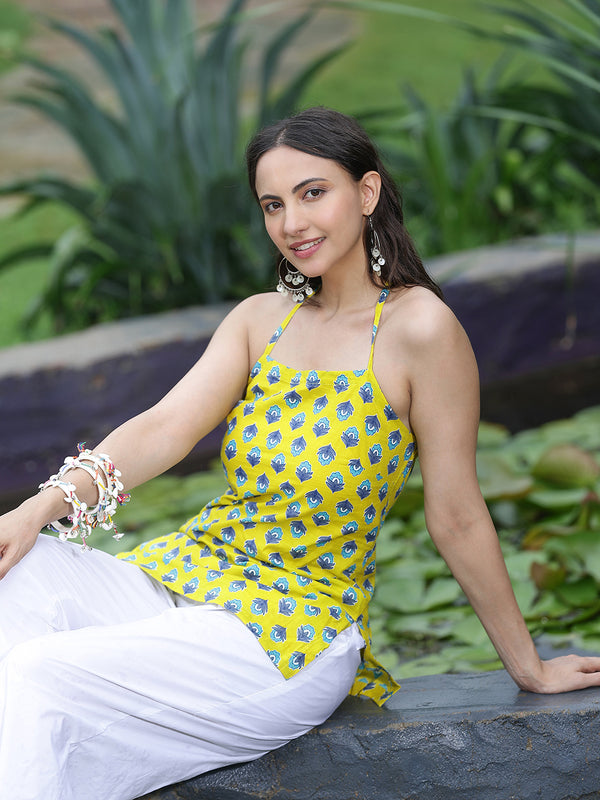 Women Yellow Ethnic Printed Halter Neck Tunic