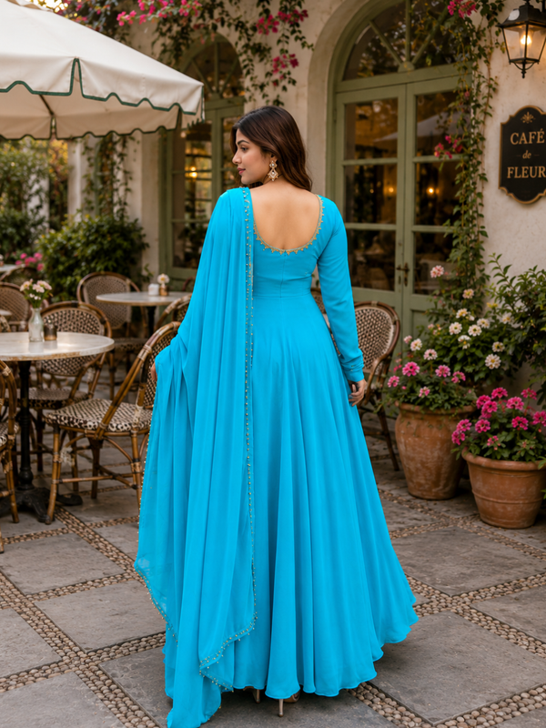 Turquoise Georgette Anarkali Suit Set with Dupatta