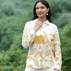 Women Beige Cotton Floral Printed Shirt & Wide Leg Trouser Co-Ord Set | Casual Botanical Print Co-Ord