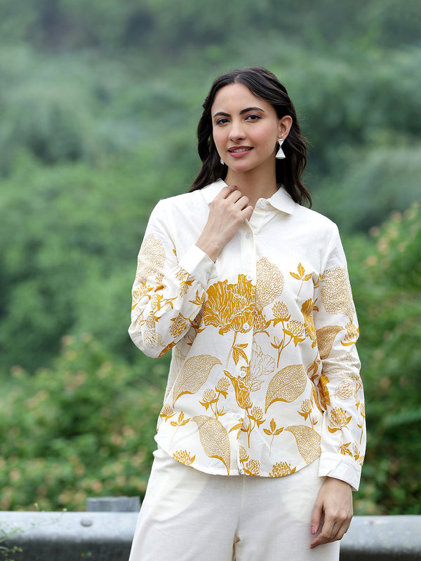 Women Beige Cotton Floral Printed Shirt & Wide Leg Trouser Co-Ord Set | Casual Botanical Print Co-Ord