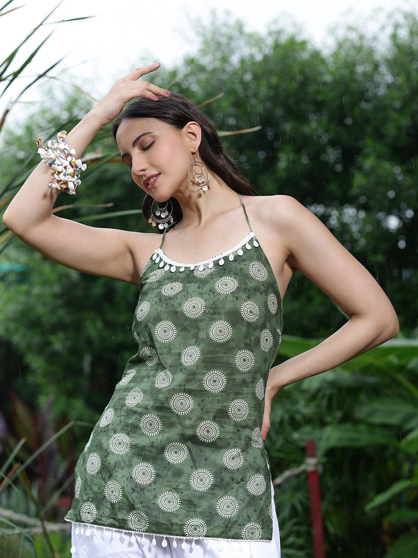 Women Olive Green Printed Sleeveless Shoulder Strap Tunic