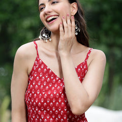 Women Red Ethnic Printed Sleeveless Tunic