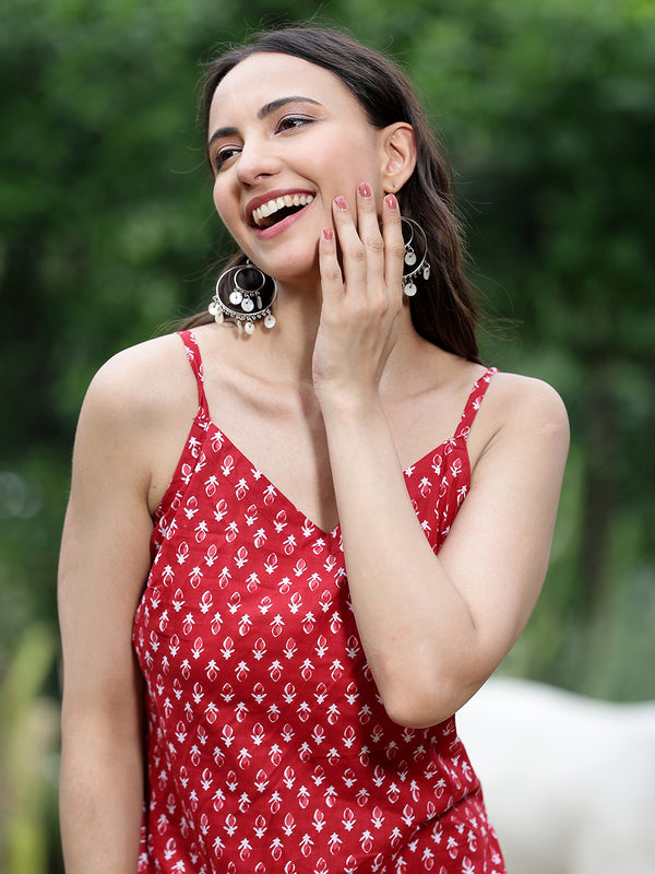 Women Red Ethnic Printed Sleeveless Tunic