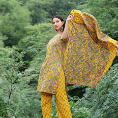 Women Mustard Yellow Floral Printed Straight Kurta with Printed Trousers & Dupatta (Set of 3)