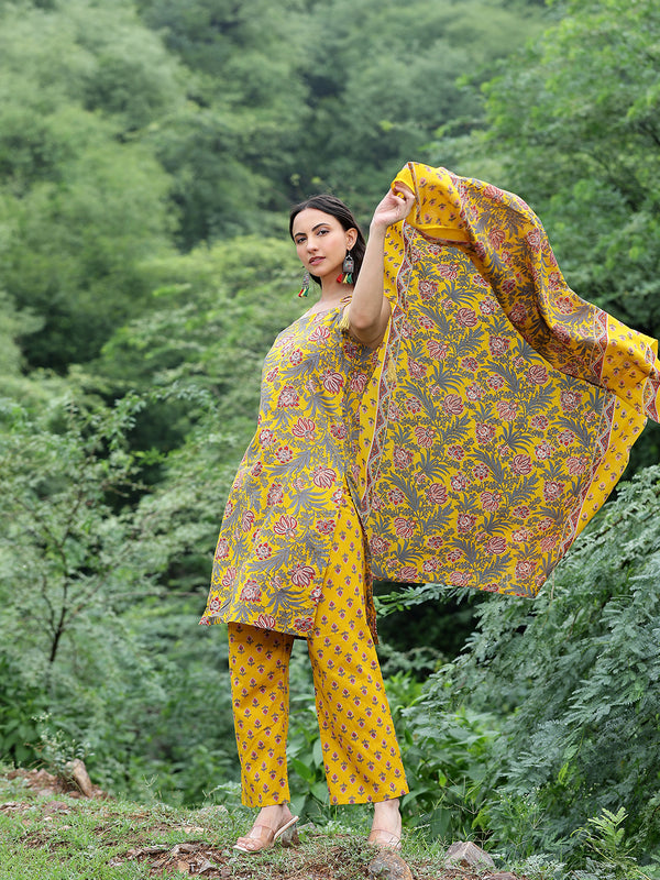 Women Mustard Yellow Floral Printed Straight Kurta with Printed Trousers & Dupatta (Set of 3)