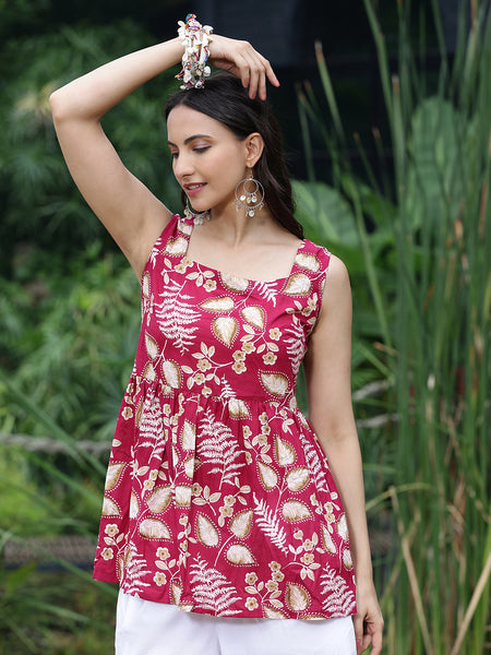 Women Pink Floral Printed Sleeveless Peplum Tunic