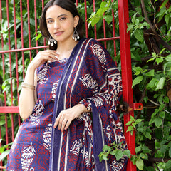 Women Navy Blue & Maroon Ethnic Motifs Printed Straight Kurta with Palazzo & Dupatta (Set of 3)
